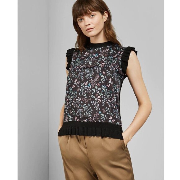 Ted Baker Letino Hazel-Print Contrast Top / Ted 3 / US 8 / Black Sleeveless - Picture 1 of 11